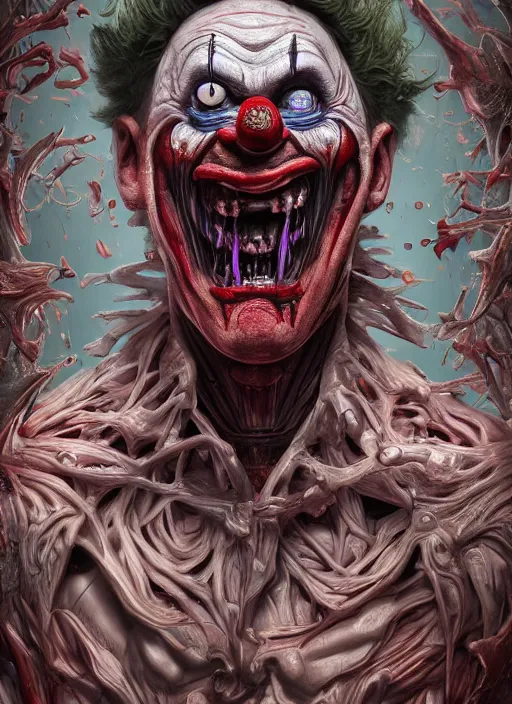 Image similar to evil horror clown, monster anatomy, ross tran, vivid colors, anatomical, highly detailed sculpture, intricate detailed, ommatidia, 8 k, cinematic atmosphere, post - processing