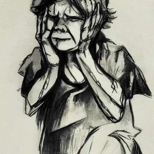 Image similar to a sad mother during the great depression, hard sketch by yoji shinkawa