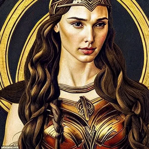 Image similar to gal gadot as a viking shield maiden, elegant portrait by sandro botticelli, detailed, symmetrical, intricate