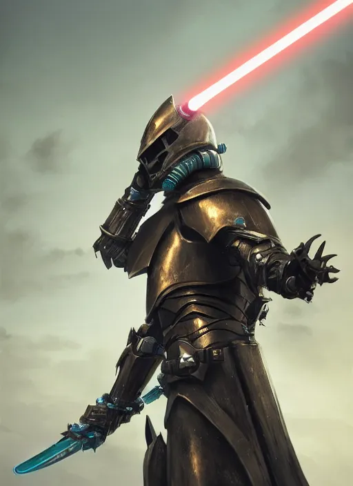 Prompt: side portrait of a humanoid shark in armor holding a lightsaber, 3 d render, hyper - realistic, detailed, concept art, ruan jia, wlop, scifi, fantasy, d & d, magic the gathering