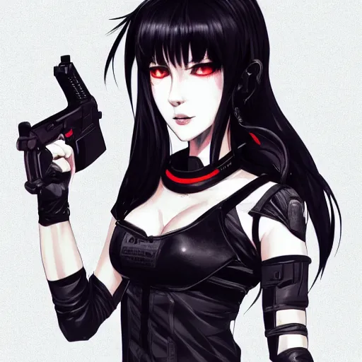 Image similar to upper body portrait of a beautiful girl with long black hair, wearing black riot gear, holding AR-15, drawn by WLOP, by Avetetsuya Studios, attractive character, colored sketch anime manga panel, trending on Artstation