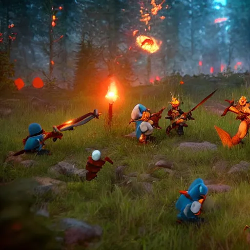 Image similar to epic battlefield of smurfs with medieval weapons battling, red moon shining golden red light, miniaturecore, nintendocore, supremely digital, medieval, unreal engine, super detailed, dreamlike lighting, god rays