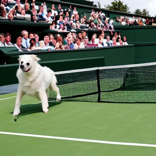 Prompt: dogs playing tennis at Wimbledon, funny photorealistic image