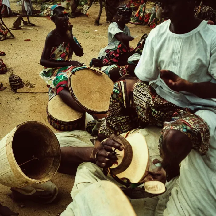 Prompt: an analogue photo of a Burkina Faso Maquerade playing a drum machine, 35mm, f/1.4,