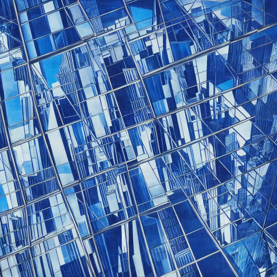 Image similar to surrealist artwork : downward view of a man free falling into a skyscrapper city made of mirrors. blue indigo colour scheme