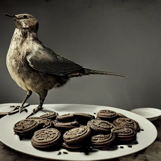 Image similar to a bird eating a plate full of oreos, realism, cinematic, hyper detailed masterpiece, ethereal, post apocalyptic