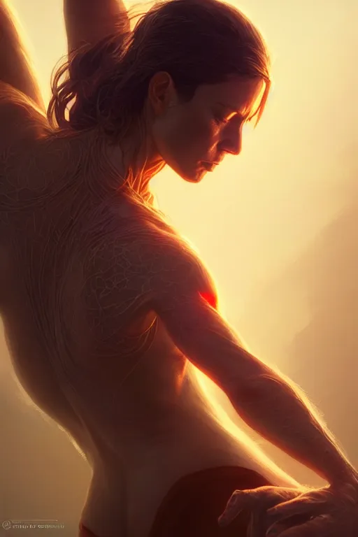 Image similar to detailed intricate digital illustration by greg rutkowski and artgerm and wlop and sanford robinson gifford ; yoga pose. radiant glowing veins ; 1 3 mm film, arri alfa anamorphic lens, sharp focus ; lit from behind, edge lighting, trending on artstation 8 k