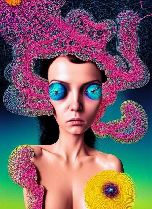 Image similar to hyper detailed 3d render like a Oil painting - Ramona Flowers with wavy black hair wearing thick mascara seen out Eating of the Strangling Suffocating network of colorful yellowcake and aerochrome and milky and Her staring intensely delicate Hands hold of gossamer polyp blossoms bring iridescent fungal flowers whose spores black the foolish stars by Jacek Yerka, Mariusz Lewandowski, silly playful fun face, Houdini algorithmic generative render, Abstract brush strokes, Masterpiece, Edward Hopper and James Gilleard, Zdzislaw Beksinski, Mark Ryden, Wolfgang Lettl, Dan Hiller, hints of Yayoi Kasuma, octane render, 8k