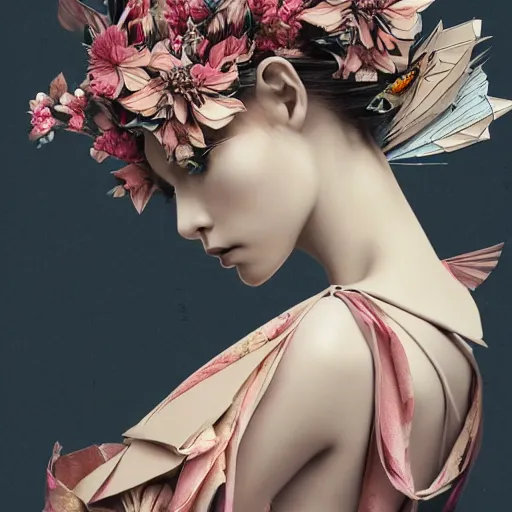 Prompt: 3 / 4 view of a beautiful girl wearing an origami dress, eye - level medium shot, fine floral ornaments in cloth and hair, hummingbirds, elegant, by eiko ishioka, givenchy, nobuyoshi araki, by peter mohrbacher, centered, fresh colors, origami, fashion, detailed illustration, vogue, japanese, reallusion character creator