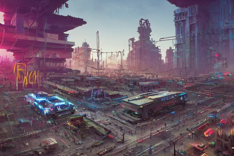 Prompt: hyperrealistic matte painting of aztec temples in a cyberpunk future environment with flying cars, mechanical features and neon, graffiti, scaffolding, smog, destruction by filip hodas, beeple, 4 k, trending on cgsociety