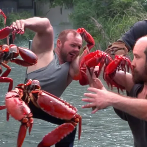 Prompt: the cast of Its Always Sunny in Philadelphia fighting an army of red crabs