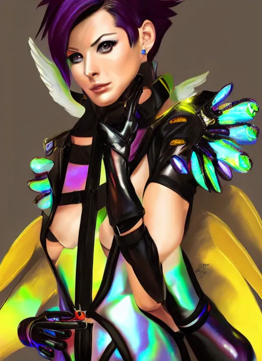 Image similar to portrait digital artwork of tracer overwatch, wearing iridescent rainbow latex and leather straps catsuit outfit, in style of mark arian, angel wings, dramatic painting, wearing detailed leather collar, chains, black harness, detailed face and eyes,