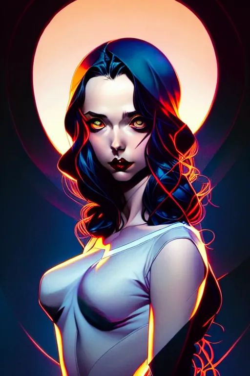 Image similar to artgerm, joshua middleton comic cover art, full body pretty kacey rohl vampire, symmetrical eyes, symmetrical face, long curly black hair, dark castle background background, cinematic lighting