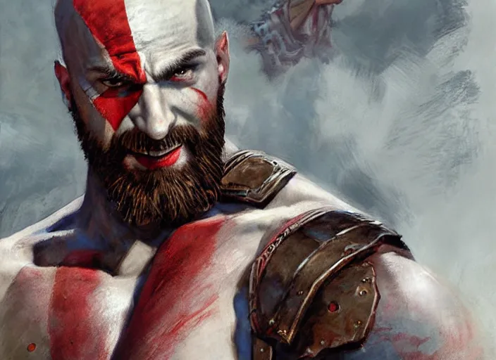 Image similar to a highly detailed beautiful portrait of chris evans as kratos, by gregory manchess, james gurney, james jean