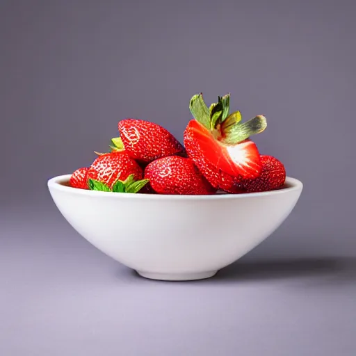 Image similar to studio fruit stage photography macro high definition staged lighting of strawberry ’ s falling into a white porcelain bowl of milk high speed photography award winning