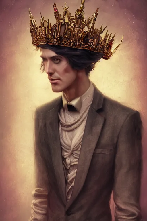 Prompt: portrait of a tall thin man wearing an elaborate crown, straight on portrait, by artgerm, tom bagshaw, gerald brom, vaporwave colors, lo fi colors, vaporwave, lo fi, 2 point studio lighting, dramatic lighting, creepy aesthetic, 4 k, hd,