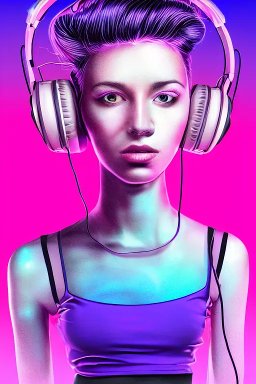 Image similar to a award winning half body portrait of a beautiful woman with stunning eyes in a croptop and cargo pants with ombre purple pink teal hairstyle with headphones on her ears by thomas danthony, surrounded by whirling illuminated lines, outrun, vaporware, shaded flat illustration, digital art, trending on artstation, highly detailed, fine detail, intricate