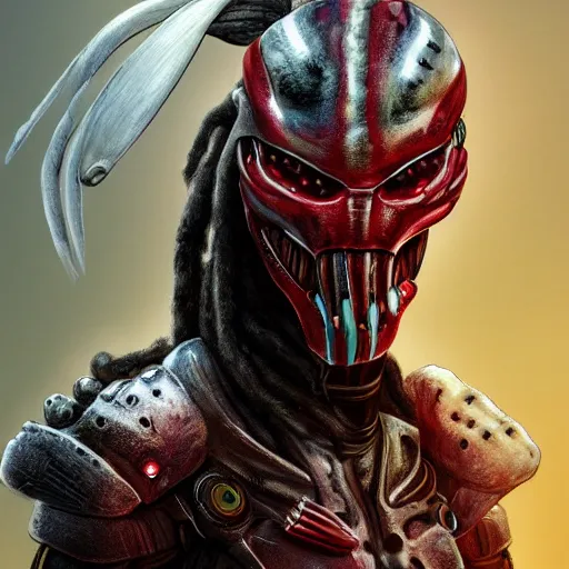 Prompt: digital painting of an alien with dreadlocks and high tech armor, The Predator, Yautja, hyperdetailed, trending on Artstation