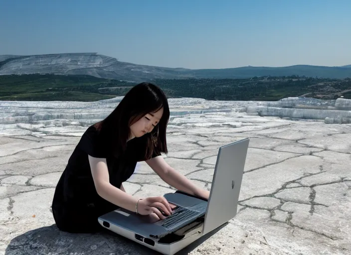 Prompt: Lee Jin-Eun hacking a laptop at Pamukkale by WLOP, rule of thirds, seductive look, beautiful, masterpiece, Refined