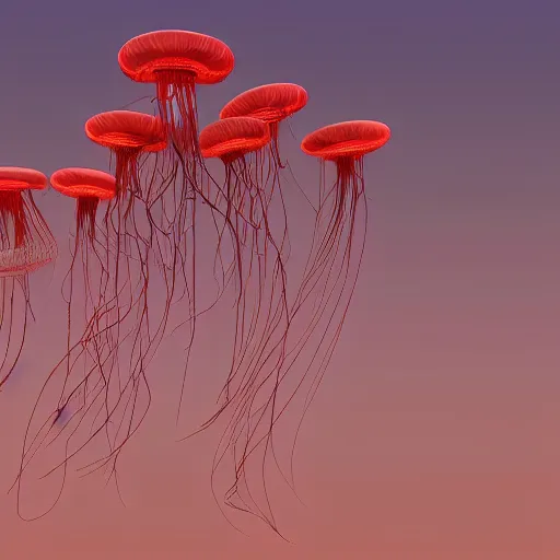 Prompt: a group of jellyfish growing form tree branch in sunset mountain,C4d,8k,futuristic digital art,details ,style of Andy Warhol