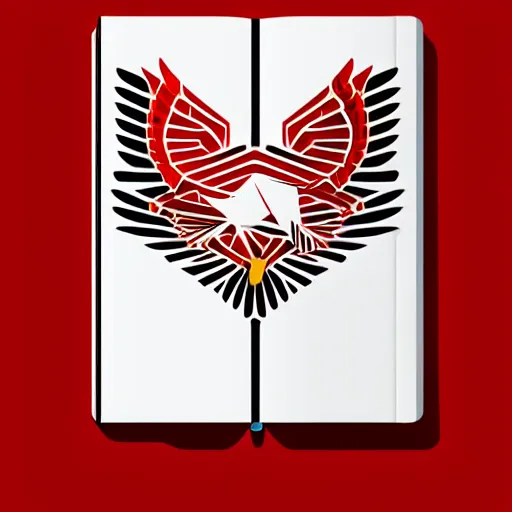 Image similar to geometric white eagle flying above an open black book, icon, red background, vector, simple logo, cgsociety, artstation, octane render