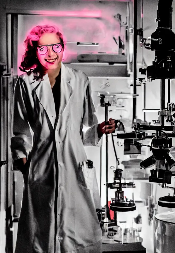 Image similar to A female mad scientist in a laboratory coat, smiling in a darkly lit laboratory room with test tubes, welding together a partially-built realistic robotic!!! man!!! in a suit, 1950s horror film movie poster style, retro vintage, saturated pink and green lighting