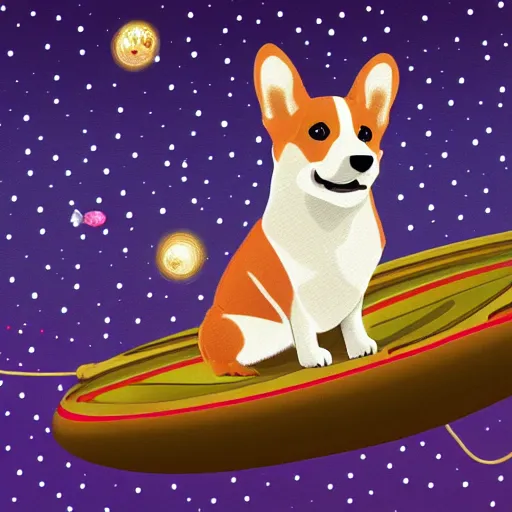 Prompt: a highly detailed digital illustration of a corgi puppy floating in outer space with many stars in the background