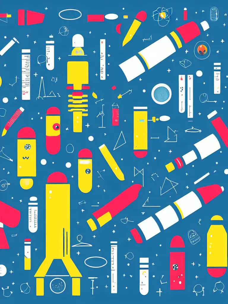 Image similar to editorial illustration scientific lab test tube telescope microscope spaceship, colorful modern, mads berg