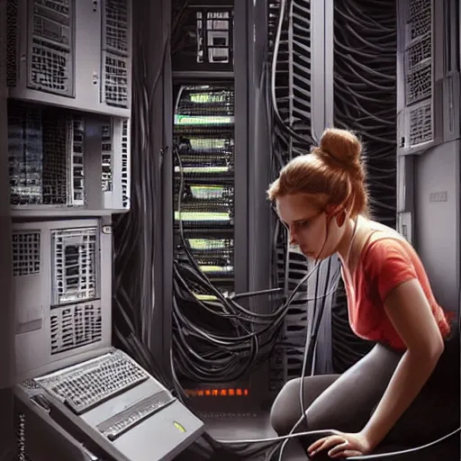 Image similar to illustration an it guy who is plugging a girl through cables to a computer and it cabinet. the girl looki like a mix of emma watson and scarlett johansson and nathalie portman, very details, by david rutkowski, by artgem