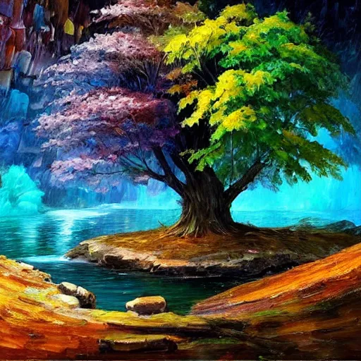 Image similar to A beautiful, highly detailed, very realistic oil painting of a single tree with rainbow leaves, next to a small river, glowing bright blue in the middle of a huge, very dark cave, with lots of dark grey rocks, oil painting by Afremov and Greg Rutkowski.