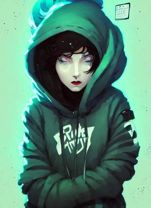 Prompt: highly detailed portrait of a sewer punk lady student, blue eyes, hoodie, cloudy curly white hair by atey ghailan, by greg rutkowski, by greg tocchini, by james gilleard, by joe fenton, by kaethe butcher, gradient green, black, brown and cyan color scheme, grunge aesthetic!!! ( ( graffiti tag wall background ) )