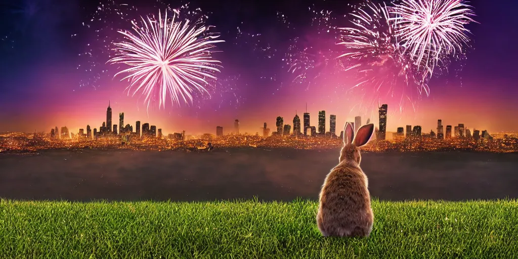 Image similar to a rabbit watching fireworks in the sky, sitting on a hill, city skyline in the background, nighttime, realistic digital art