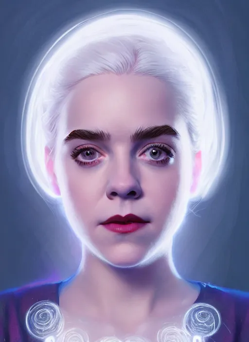 Image similar to portrait of kiernan shipka as sabrina spellman, white hair, intricate, elegant, glowing lights, highly detailed, digital painting, artstation, concept art, smooth, sharp focus, illustration, art by wlop, mars ravelo and greg rutkowski