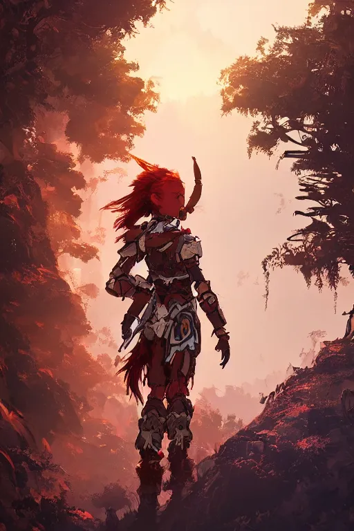 Image similar to combination suit armor aloy horizon forbidden west horizon zero dawn radiating a glowing aura global illumination ray tracing hdr fanart arstation by ian pesty and alena aenami artworks in 4 k tribal robot ninja mask helmet backpack