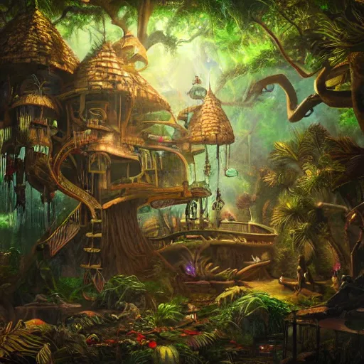 Image similar to tikipunk treehouse, fantasy oil painting, fine art, cinematic lighting, framed focus, hyperdetailed, 8k, high resolution, insanely detailed and intricate, surreal, trending on artstation, octane render