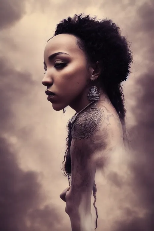 Image similar to a photorealistic portrait of tinashe as mysterious dark goddess of death, realism, clouds, swirling fabric, elaborate ornate growth, gilded relief, trending on artstation, by alessio albi