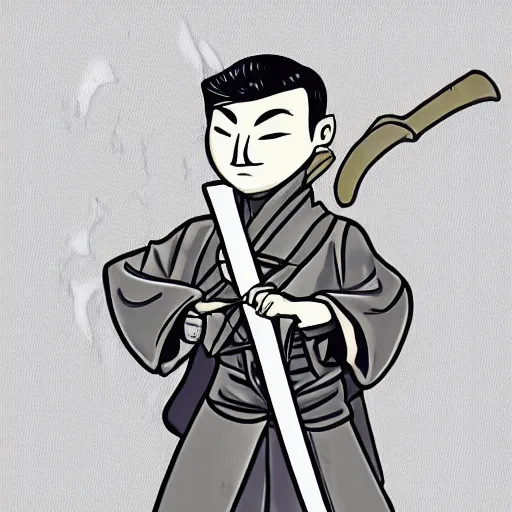 Image similar to a sticker illustration of a man in a grey cloak holding a katana