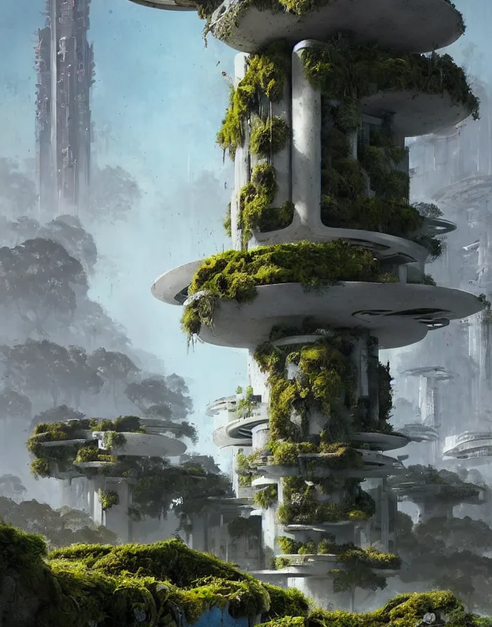 Image similar to concrete architecture with moss and ivy growing all over, many antennas and towers, futuristic, late afternoon light, wispy clouds in a blue sky, by frank lloyd wright and greg rutkowski and ruan jia
