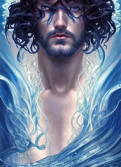 Image similar to the god poseidon, water hair, glowing eyes, volumetric lights, blue and cyan scheme, art nouveau botanicals, gothic, intricate, highly detailed, digital painting, artstation, concept art, smooth, sharp focus, symmetric face, illustration, art by artgerm and greg rutkowski and alphonse mucha