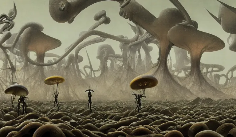 Image similar to still frame from Prometheus by Yves Tanguy and utagawa kuniyoshi, Vast hell plains with resurrecting ornate mycelium cyborgs in style of Jakub rozalski and Simon Stalenhag with character designs by Neri Oxman, metal couture haute couture editorial