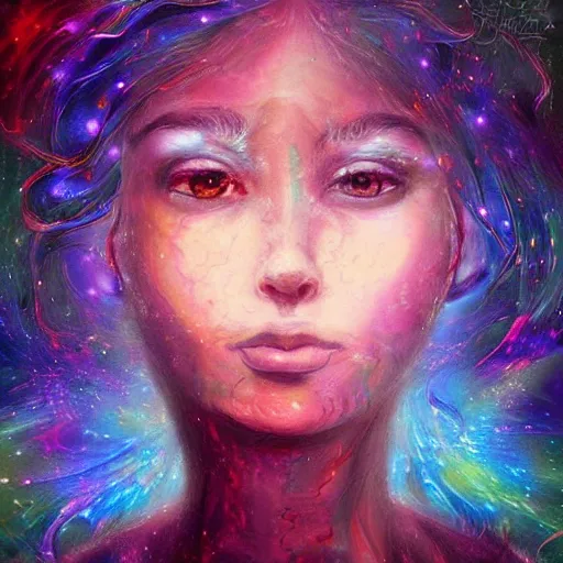 Image similar to beautiful detailed artistic portrait of a person travelling between different astral planes. grainy and rough. artistic painting by lurid ( 2 0 2 2 ). featured on deviantart.