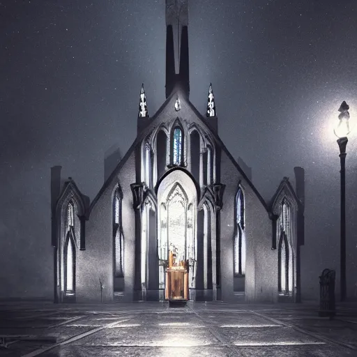 Image similar to victorian church in the middle of the city, dark, misty, at night, 8 k, detailed, concept art, trending on artstation