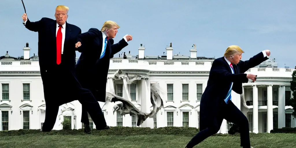 Prompt: a professional cinematic photo of donald trump fighting lord voldemort on top of white house. extremely high fidelity.