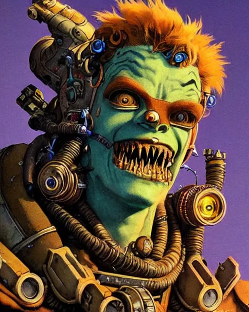 Image similar to junkrat from overwatch, character portrait, portrait, close up, concept art, intricate details, highly detailed, vintage sci - fi poster, in the style of chris foss, rodger dean, moebius, michael whelan, and gustave dore