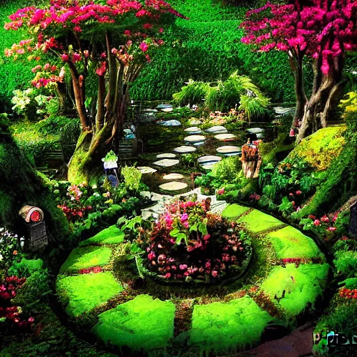 Prompt: a fairytale garden by pablo amaringo