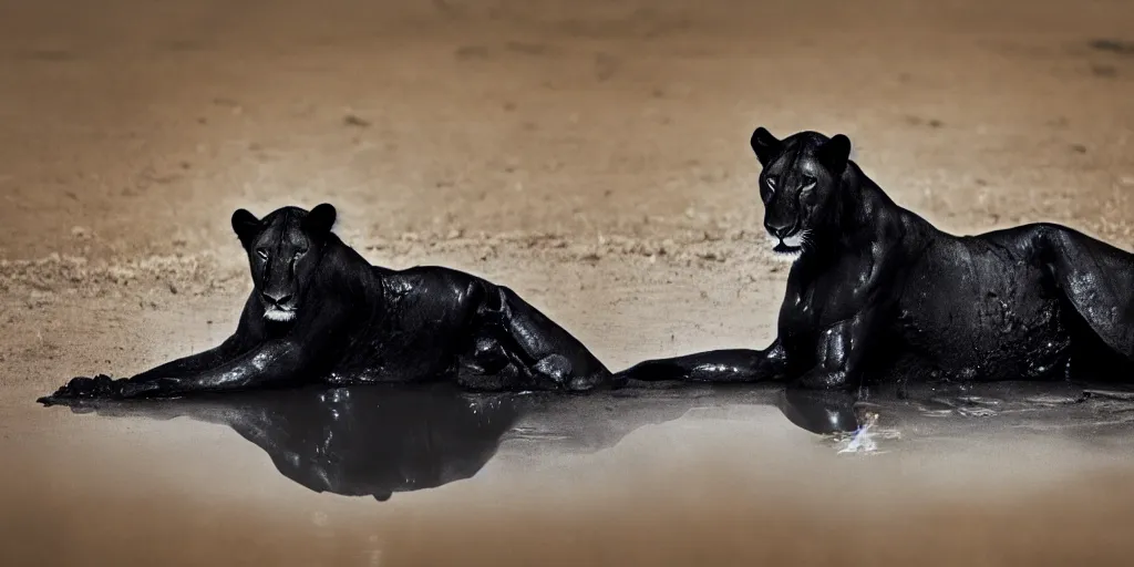 Image similar to a black lioness, made of black goo, bathing inside the lake of black goo, full of goo, covered with black goo. dslr, photography, realism, animal photography, color, savanna, wildlife photography, black goo