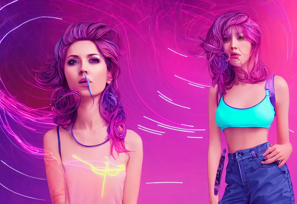 Image similar to a award winning half body portrait of a beautiful woman in a croptop and cargo pants with ombre purple pink teal hairstyle surrounded by whirling illuminated lines, outrun, vaporware, shaded flat illustration, digital art, trending on artstation, highly detailed, fine detail, intricate