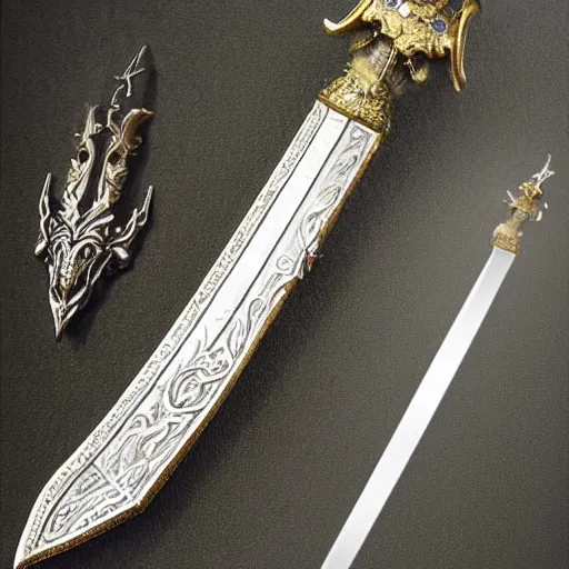 Image similar to An ornate and realistic sword,dazzling gem in the hilt,fantasy,masterwork,good lighting