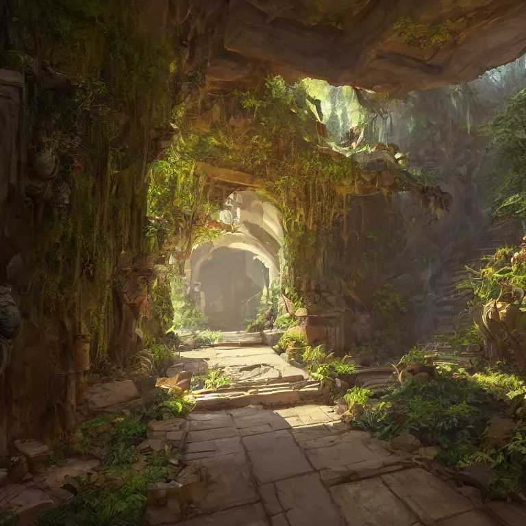 Image similar to secret overwatch hallway for living quarters carved inside a mountain surrounding a lush garden, trimmed, magical, natural light, cozy, fantasy, minimalist architecture, sharp focus, concept art, by greg rutkowski and craig mullins,, octane render 8 k