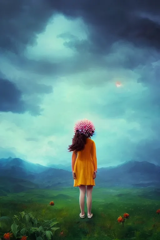 Image similar to closeup giant dahlia flower over the head, girl standing on mountain, surreal photography, blue storm clouds, dramatic light, impressionist painting, digital painting, artstation, simon stalenhag